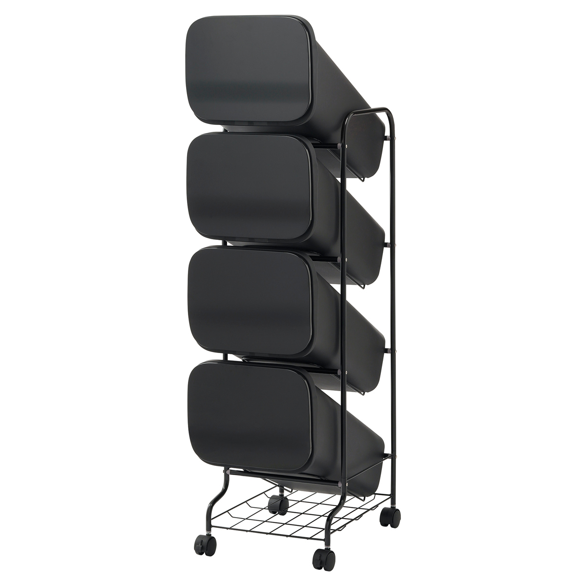 ゴミ箱 4段 Nスムース スタンドダストボックス ( ごみ箱 19L×4 ふた付き ダストボックス 分別ごみ箱 キャスター付き 縦型 20リットル 4個 フタ付 前開き キッチン スリム 蓋付き くずかご たて型 収納 ダストBOX ) 【ブラック】 ブラック