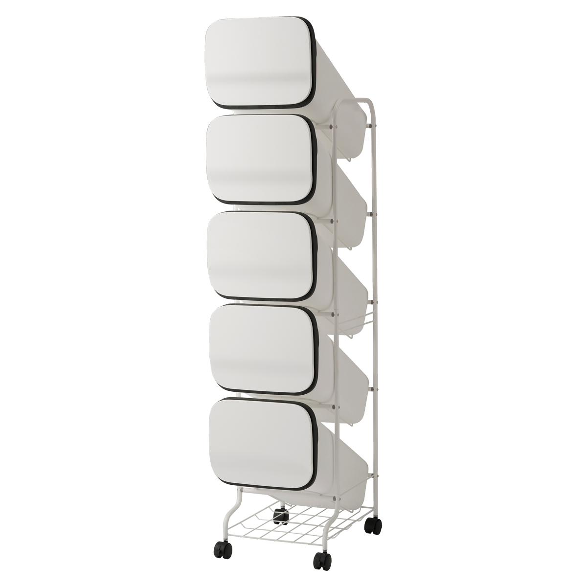 ゴミ箱 5段 Nスムース スタンドダストボックス ( ごみ箱 19L×5 ふた付き ダストボックス 分別ごみ箱 キャスター付き 縦型 20リットル 5個 フタ付 前開き キッチン スリム 蓋付き くずかご たて型 収納 ダストBOX ) 【ホワイト】 ホワイト