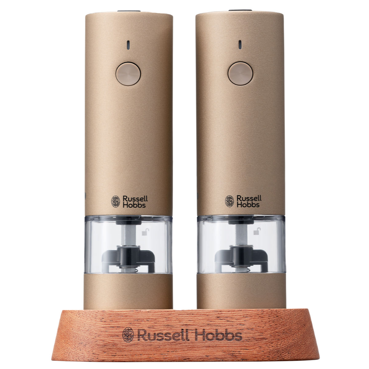 Russell Hobbs 充電式 電動ミル 2本セット ソルト&ペッパー ミニ 木台付き スパイスミル ( ラッセルホブス ミル USB ソルトミル ペッパーミル ワンプッシュ セラミック刃 ウッドスタンド付き 胡椒 岩塩 2本 ) 【ブラウンゴールド】 ブラウンゴールド