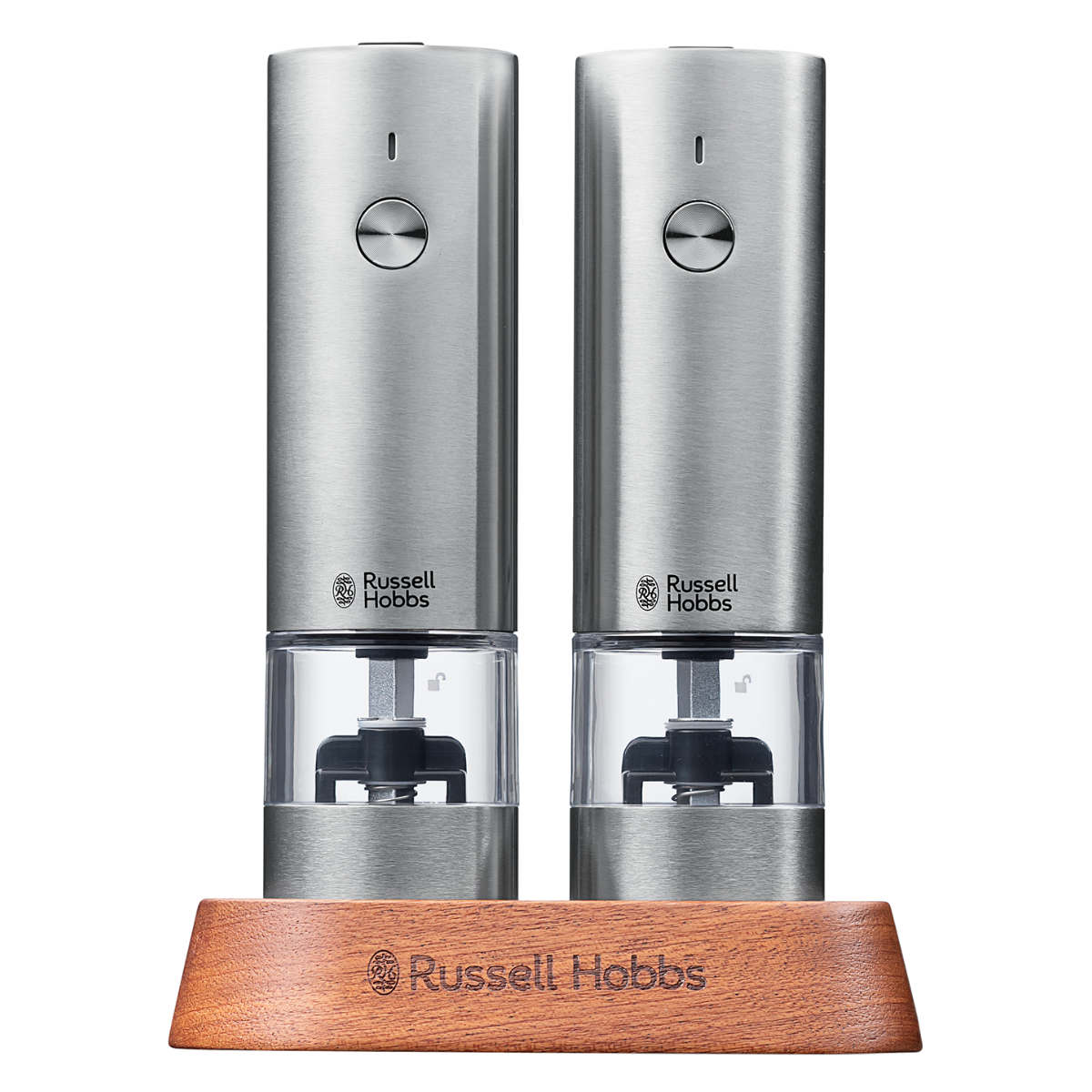 Russell Hobbs 充電式 電動ミル 2本セット ソルト&ペッパー ミニ 木台付き スパイスミル ( ラッセルホブス ミル USB ソルトミル ペッパーミル ワンプッシュ セラミック刃 ウッドスタンド付き 胡椒 岩塩 2本 ) 【シルバー】 シルバー