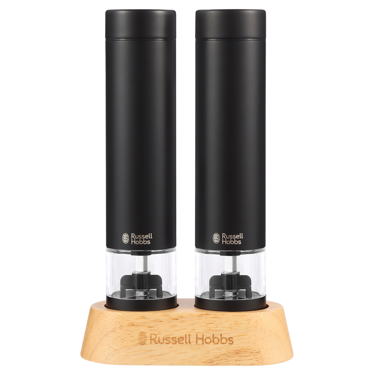 Russell Hobbs 電動ミル ミニ 2本セット 木製スタンド付き ソルト&ペッパーミル ( ラッセルホブス ミル 2個 電池式 ソルトミル ワンプッシュ セラミック刃 ウッドスタンド付き 小さめ 胡椒 岩塩 ) 【ブラック】 ブラック