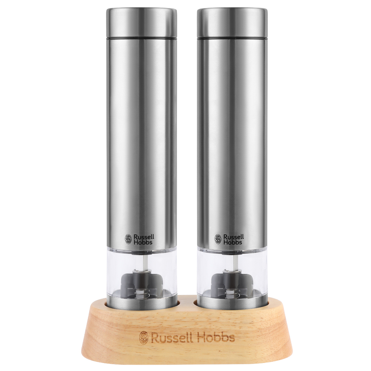 Russell Hobbs 電動ミル ミニ 2本セット 木製スタンド付き ソルト&ペッパーミル ( ラッセルホブス ミル 2個 電池式 ソルトミル ワンプッシュ セラミック刃 ウッドスタンド付き 小さめ 胡椒 岩塩 ) 【シルバー】 シルバー