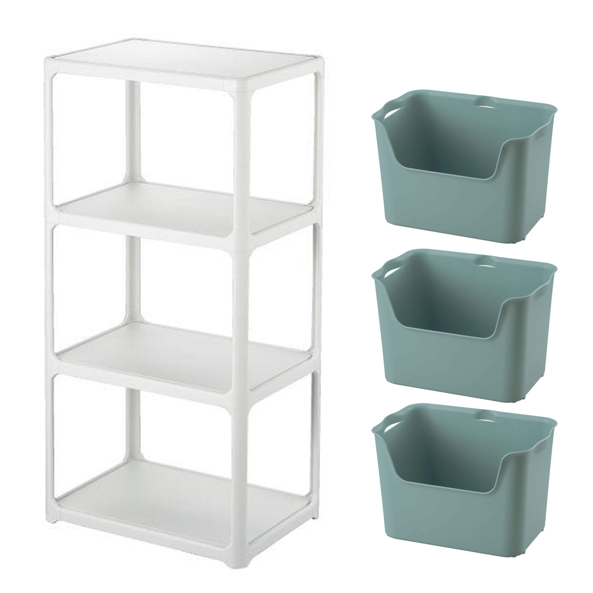 ラック 3段 収納ボックス付き カタス 組立品 日本製 ライトグレー ( 収納ケース 収納 ボックス プラスチック ケース 収納ラック 小物入れ オープンラック シェルフ おもちゃ箱 衣類収納 フリーラック おしゃれ ) 【ブルー】 ブルー