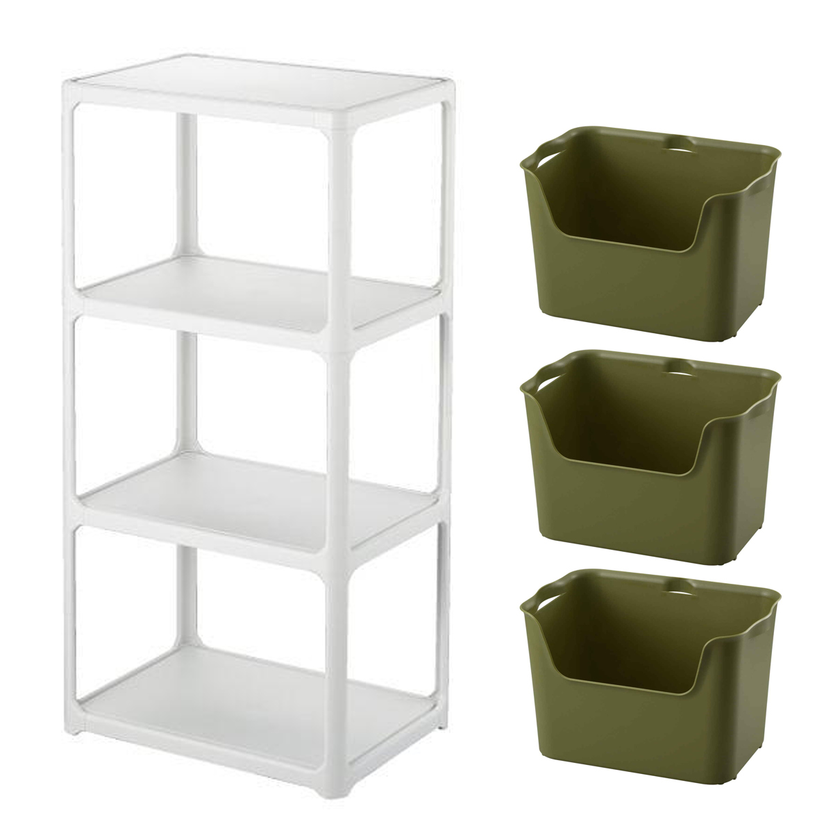 ラック 3段 収納ボックス付き カタス 組立品 日本製 ライトグレー ( 収納ケース 収納 ボックス プラスチック ケース 収納ラック 小物入れ オープンラック シェルフ おもちゃ箱 衣類収納 フリーラック おしゃれ ) 【グリーン】 グリーン