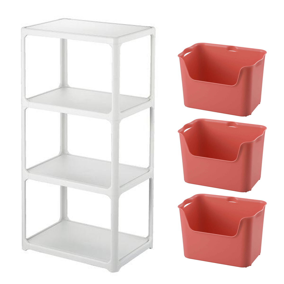 ラック 3段 収納ボックス付き カタス 組立品 日本製 ライトグレー ( 収納ケース 収納 ボックス プラスチック ケース 収納ラック 小物入れ オープンラック シェルフ おもちゃ箱 衣類収納 フリーラック おしゃれ ) 【ピンク】 ピンク