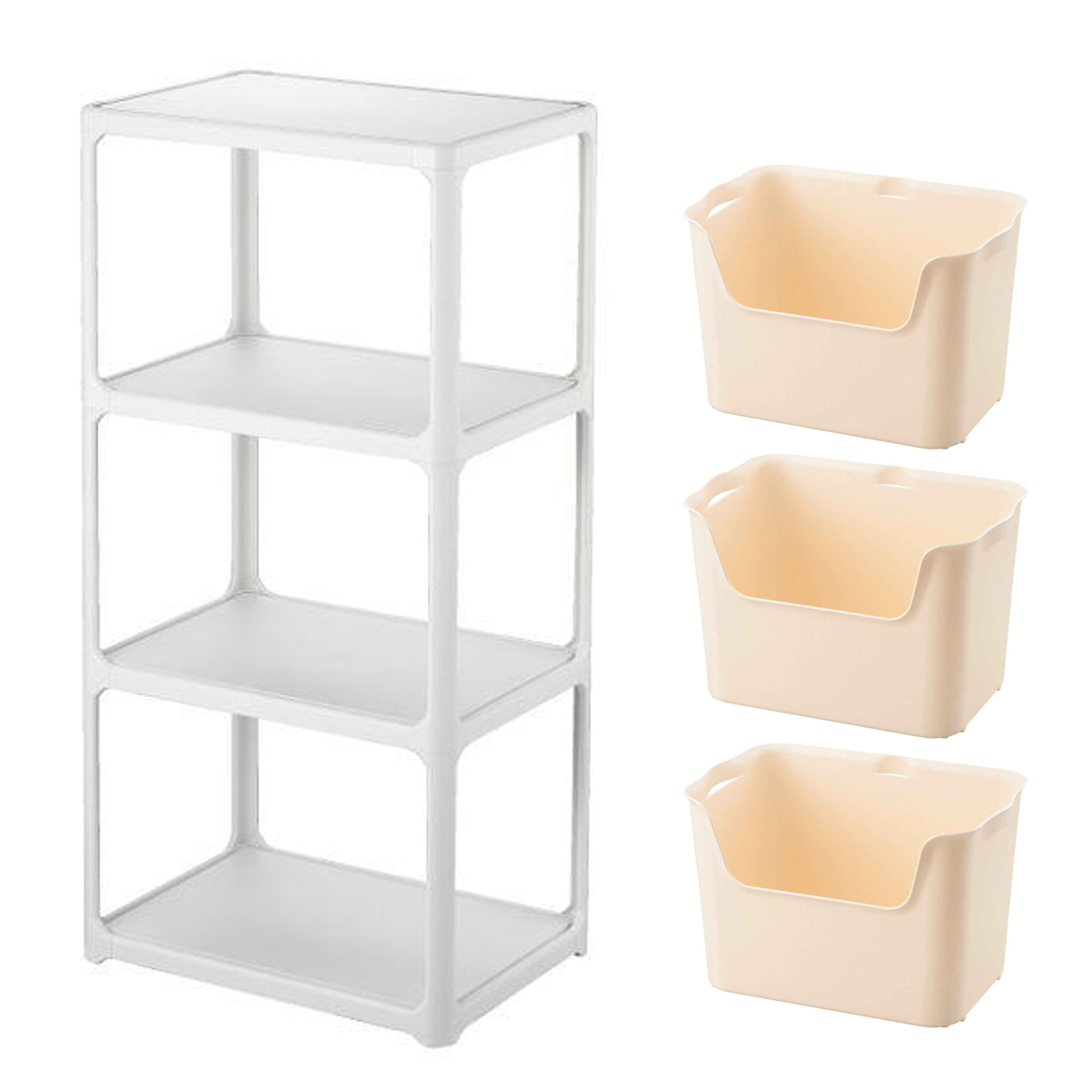 ラック 3段 収納ボックス付き カタス 組立品 日本製 ライトグレー ( 収納ケース 収納 ボックス プラスチック ケース 収納ラック 小物入れ オープンラック シェルフ おもちゃ箱 衣類収納 フリーラック おしゃれ ) 【ホワイト】 ホワイト
