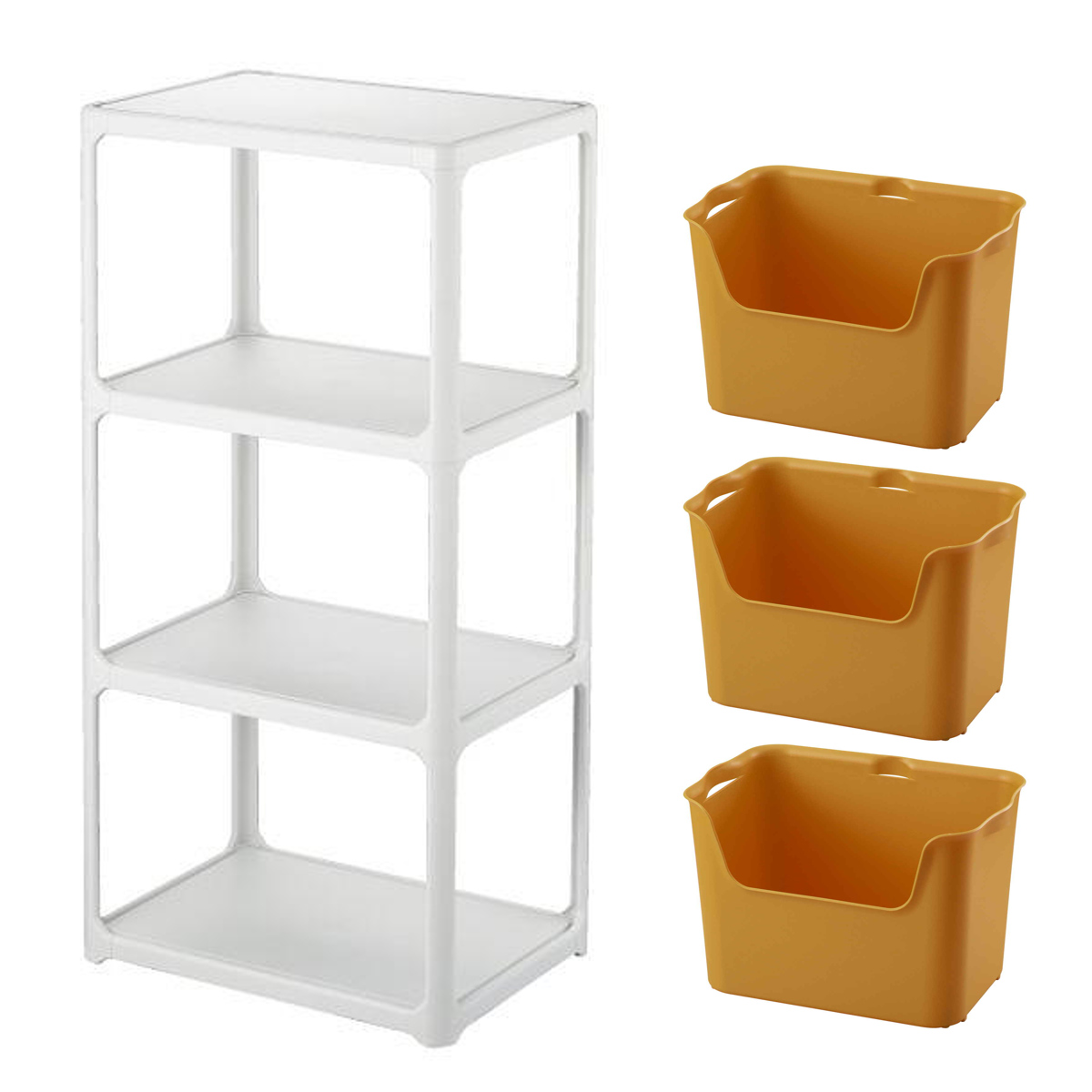 ラック 3段 収納ボックス付き カタス 組立品 日本製 ライトグレー ( 収納ケース 収納 ボックス プラスチック ケース 収納ラック 小物入れ オープンラック シェルフ おもちゃ箱 衣類収納 フリーラック おしゃれ ) 【イエロー】 イエロー