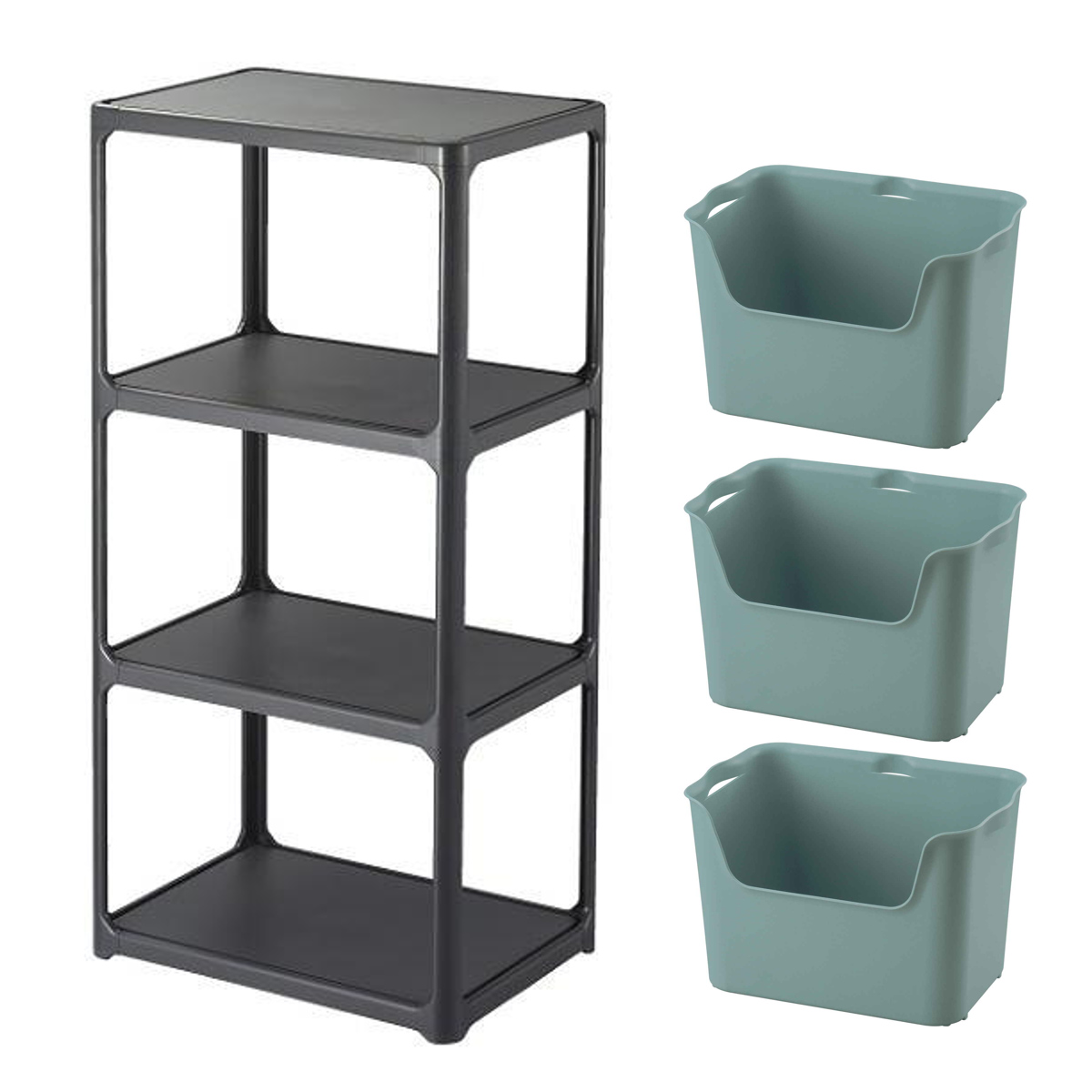 ラック 3段 収納ボックス付き カタス 組立品 日本製 ダークグレー ( 収納ケース 収納 ボックス プラスチック ケース 収納ラック 小物入れ オープンラック シェルフ おもちゃ箱 衣類収納 フリーラック おしゃれ ) 【ブルー】 ブルー