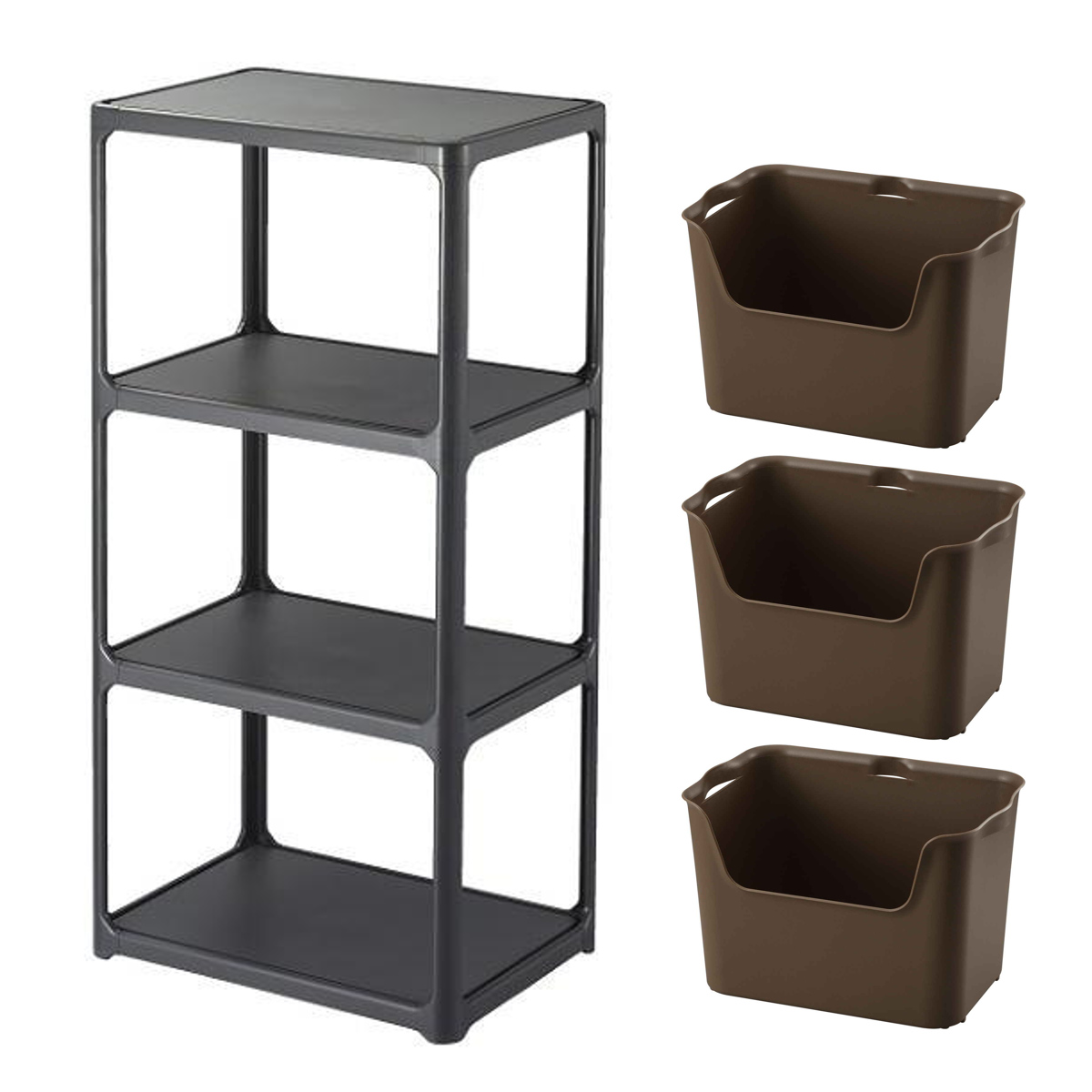 ラック 3段 収納ボックス付き カタス 組立品 日本製 ダークグレー ( 収納ケース 収納 ボックス プラスチック ケース 収納ラック 小物入れ オープンラック シェルフ おもちゃ箱 衣類収納 フリーラック おしゃれ ) 【ブラウン】 ブラウン