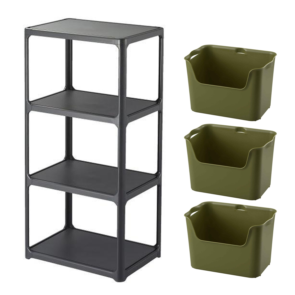 ラック 3段 収納ボックス付き カタス 組立品 日本製 ダークグレー ( 収納ケース 収納 ボックス プラスチック ケース 収納ラック 小物入れ オープンラック シェルフ おもちゃ箱 衣類収納 フリーラック おしゃれ ) 【グリーン】 グリーン