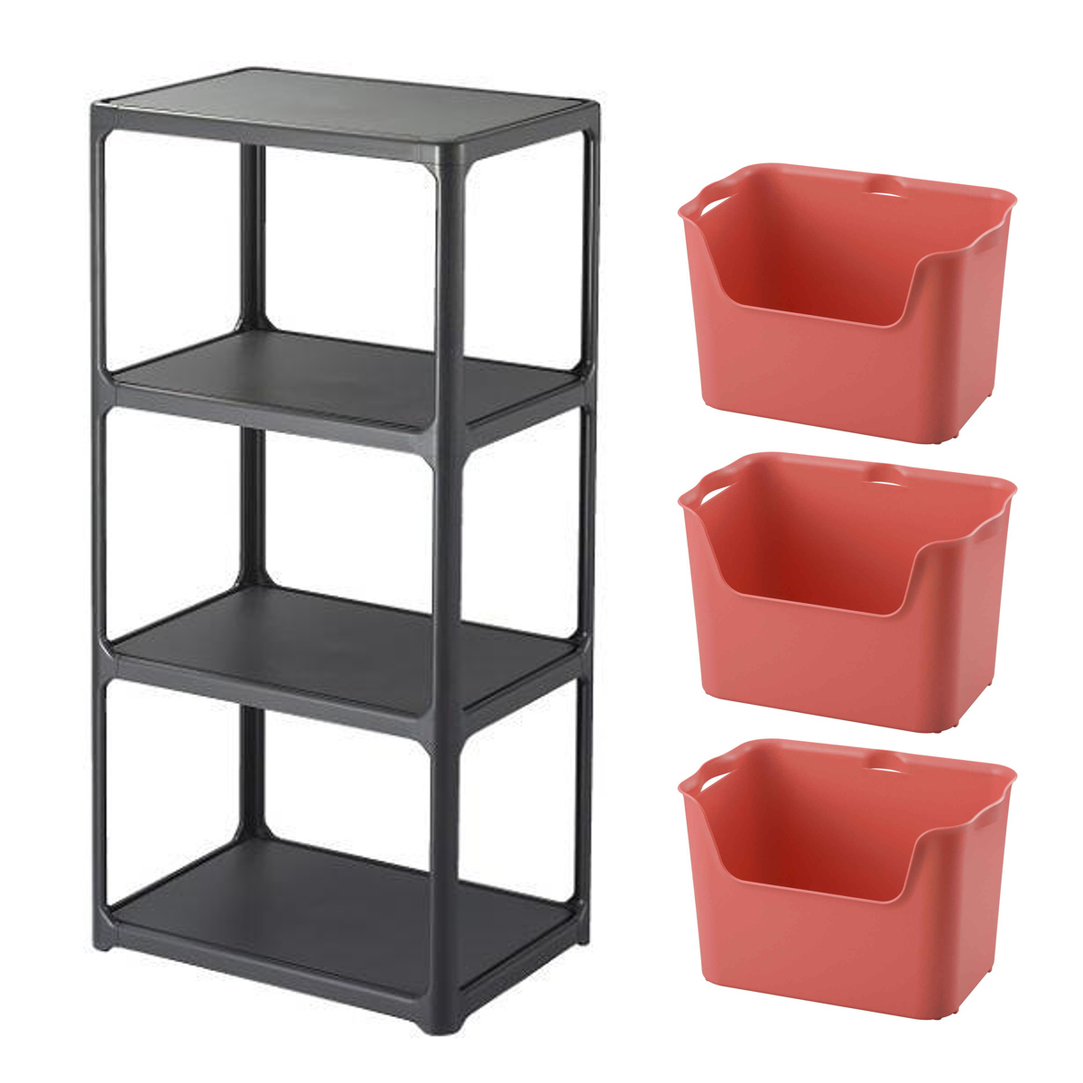 ラック 3段 収納ボックス付き カタス 組立品 日本製 ダークグレー ( 収納ケース 収納 ボックス プラスチック ケース 収納ラック 小物入れ オープンラック シェルフ おもちゃ箱 衣類収納 フリーラック おしゃれ ) 【ピンク】 ピンク