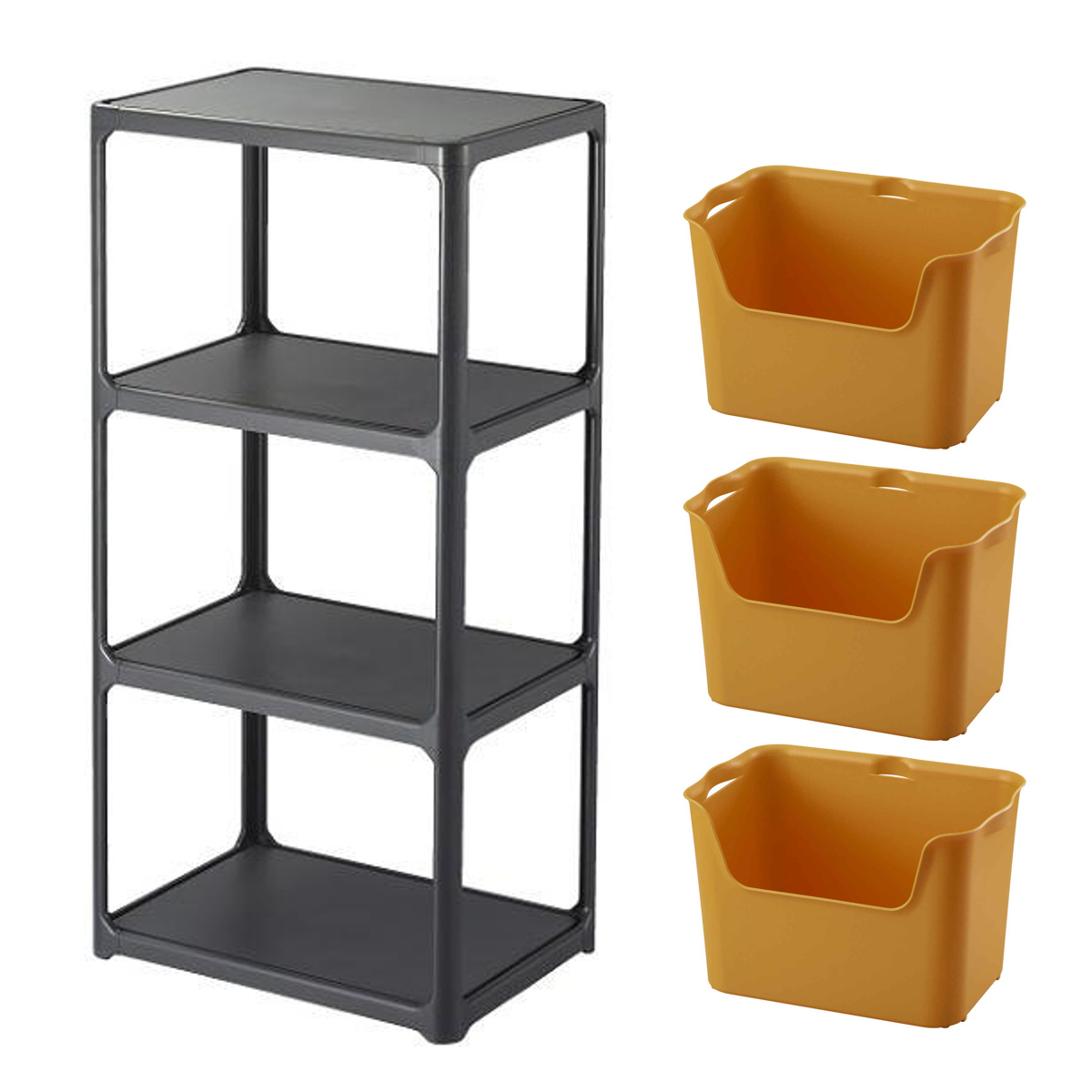 ラック 3段 収納ボックス付き カタス 組立品 日本製 ダークグレー ( 収納ケース 収納 ボックス プラスチック ケース 収納ラック 小物入れ オープンラック シェルフ おもちゃ箱 衣類収納 フリーラック おしゃれ ) 【イエロー】 イエロー