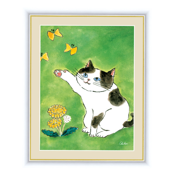 絵画 『陽だまりのねこ』 42×34cm 千春 額入り 巧芸画 インテリア （ 壁掛け ポスター アートフレーム アートポスター 絵 風水 ねこ ネコ  猫 玄関 リビング 廊下 壁飾り 明るい 店舗 おしゃれ ）