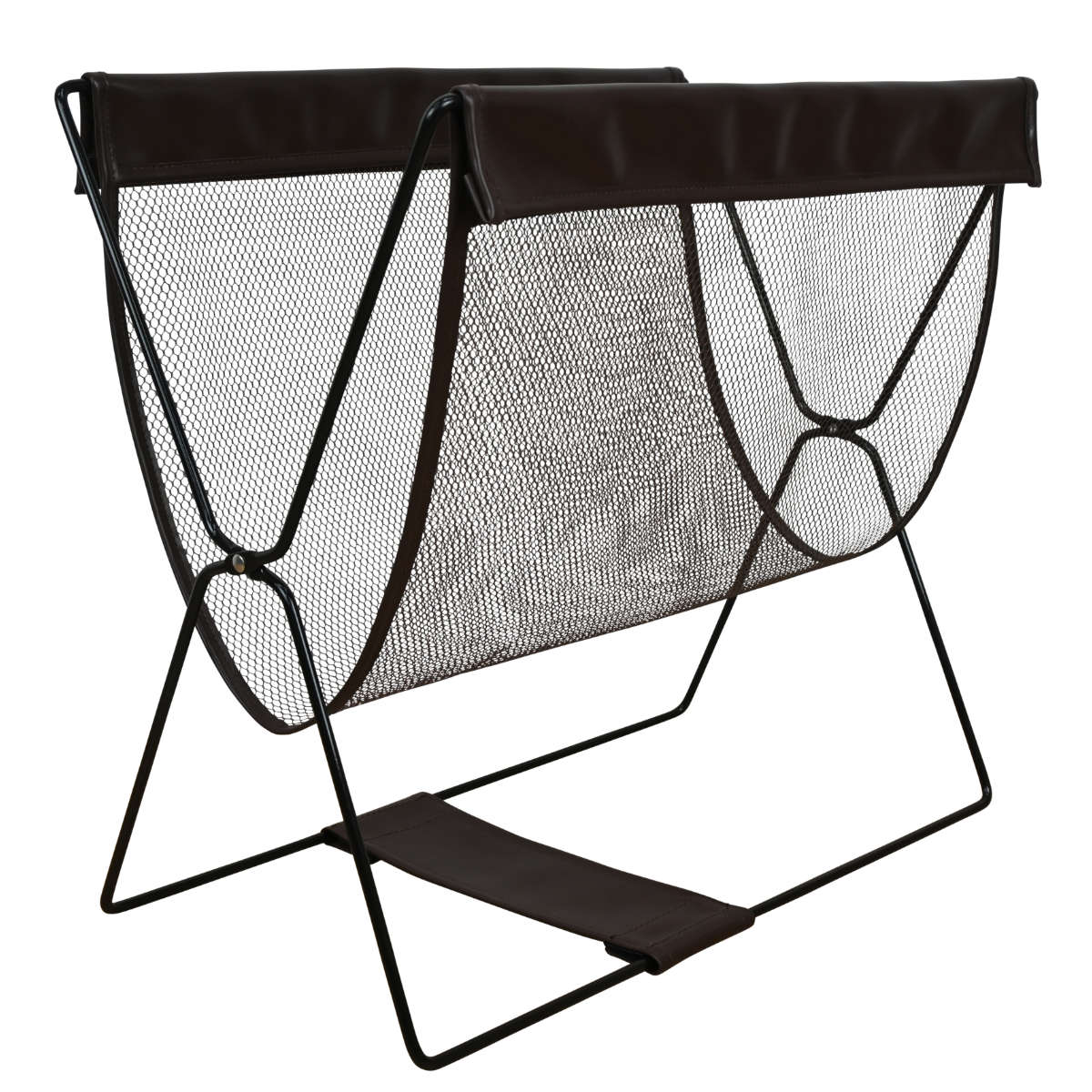 手荷物入れ レザー調ハンモック型 メッシュバスケット ( バスケット 荷物入れ 荷物置き かご 収納 メッシュ マガジンラック 玄関収納 折りたたみ 手荷物収納 持ち手 コンパクト 持ち運び 荷物 小物 一時置き 玄関 雑誌 本 ) 【ブラウン】 ブラウン