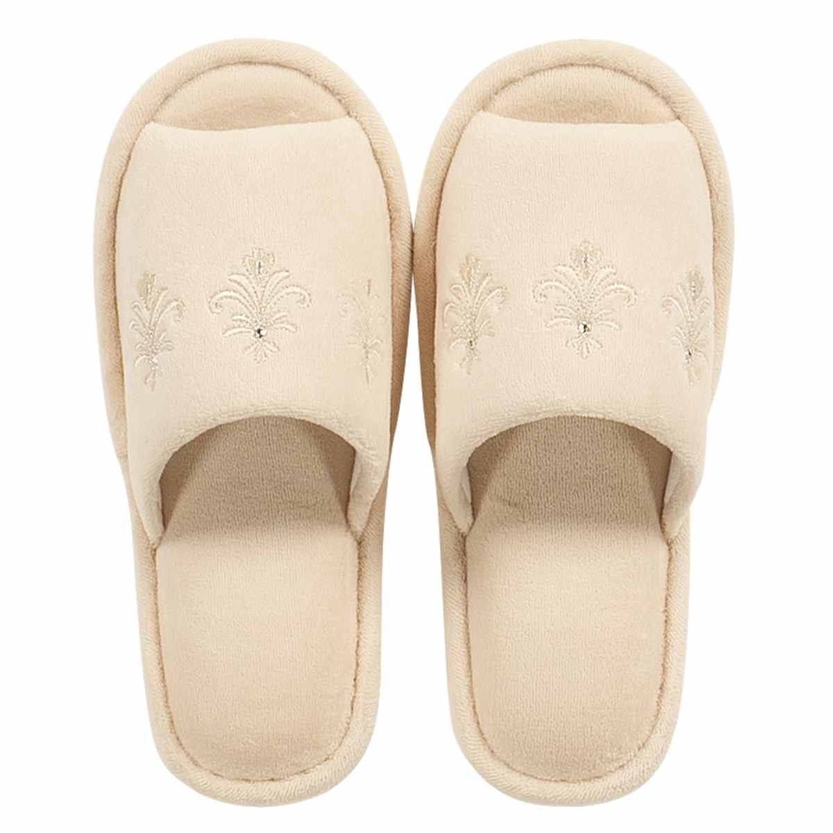 デコール・ミュゼ トイレスリッパ エンブレム フリーサイズ ( トイレ用スリッパ 前開き 洗濯可 ベロア生地 刺繍 サイズフリー トイレタリー ルームスリッパ 洗える ウォッシャブル ファブリック ラインストーン ベージュ グリーン ) 【ベージュ】 ベージュ