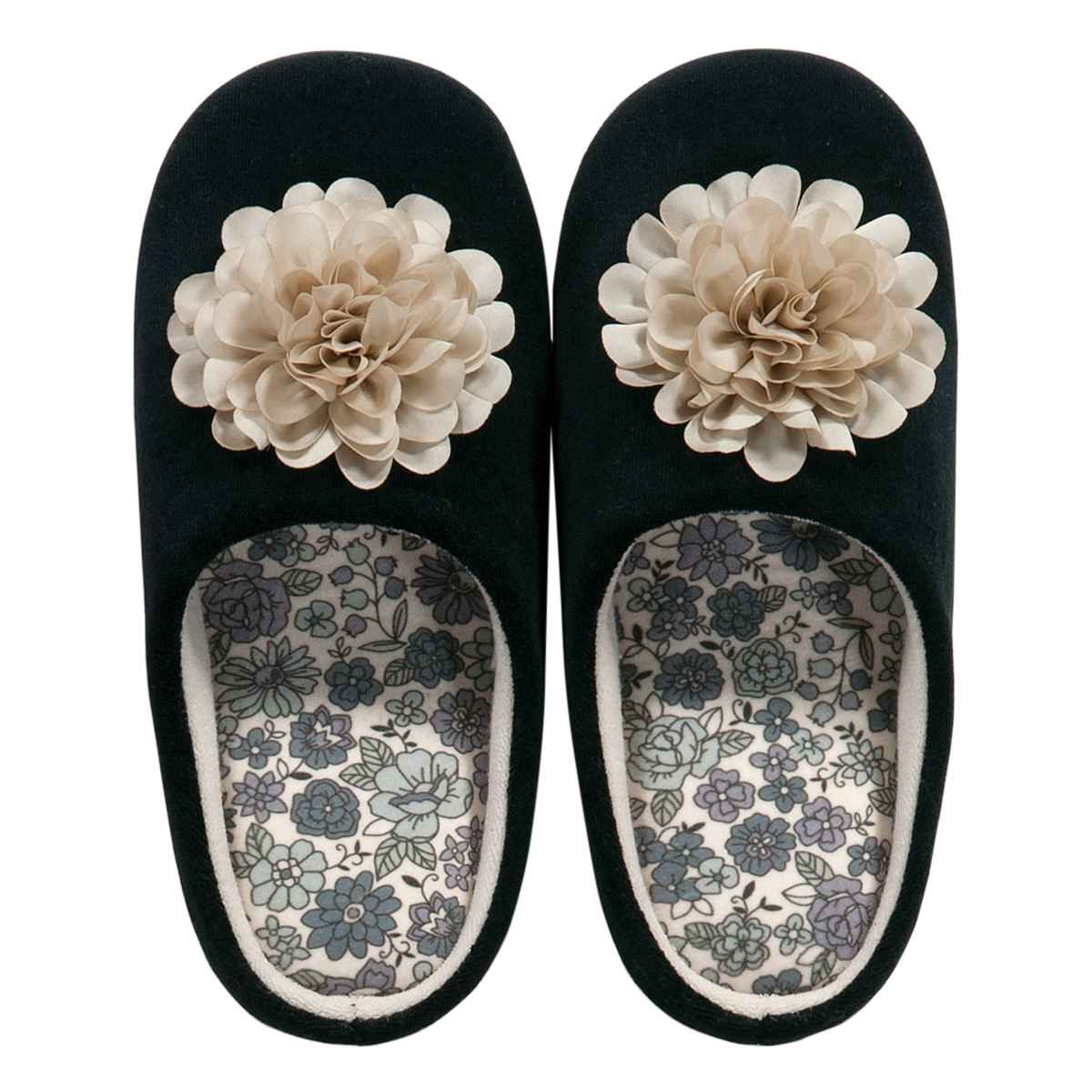 スリッパ シャーロット 花モチーフ付き 約22.0~24.0cm ( 花モチーフ 洗える 室内 来客用 レディース オールシーズン 花 小花柄 ふかふか かわいい ルームスリッパ トイレ インテリア雑貨 ネイルサロン サロン 静音 パタパタしない ) 【ブラック】 ブラック