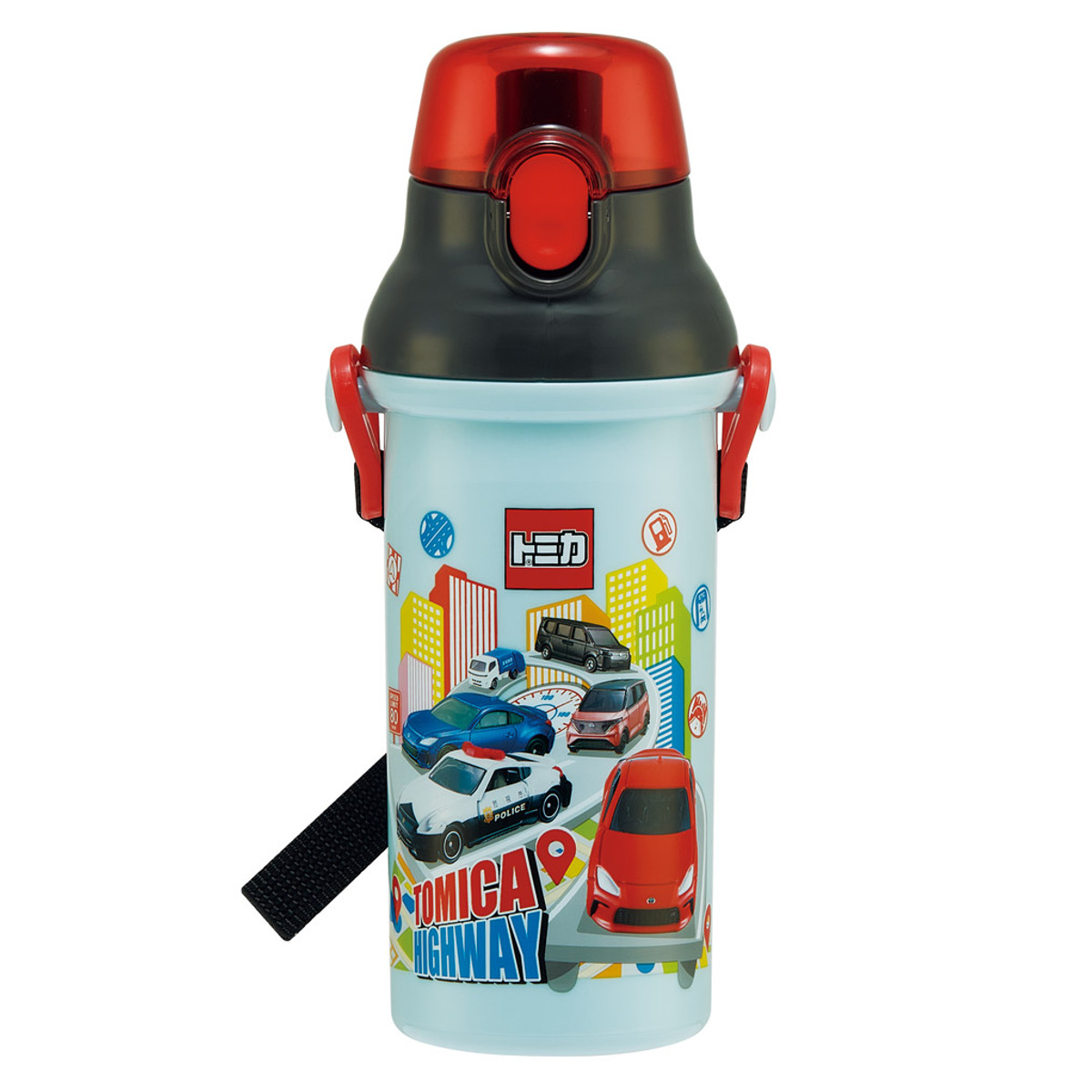 水筒 480ml 抗菌直飲プラボトル トミカ25 ( TOMICA 子供用 抗菌 プラスチック製 ダイレクトボトル 直飲み ワンタッチ 日本製 抗菌加工 AG 銀 ショルダーベルト付き 広口 軽量 ボトル ワンプッシュ )