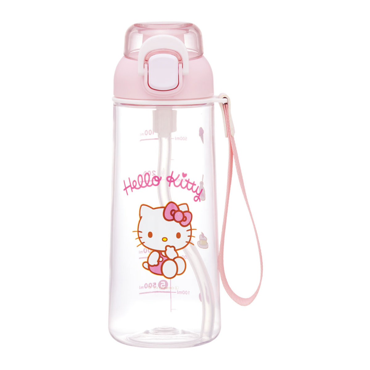 水筒 630ml ワンプッシュストローボトル ハローキティ ( キティ 子供用 プラスチック ストローボトル クリア ワンタッチ 目盛り ストラップ付き 広口 軽量 ストロー ボトル ワンプッシュ )