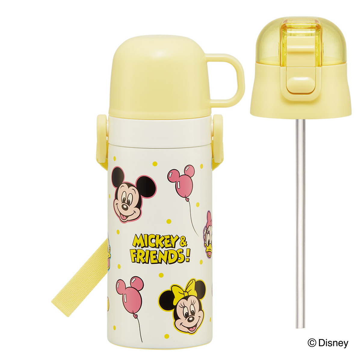 水筒 350ml 子供用2WAYボトル ミッキー&フレンズ風船 ( ディズニー 保温 保冷 ワンタッチ コップ飲み ストローボトル 2way ステンレスボトル ワンプッシュ 軽量 子供 子供用水筒 幼稚園 保育園 肩紐付き キッズ ボトル )