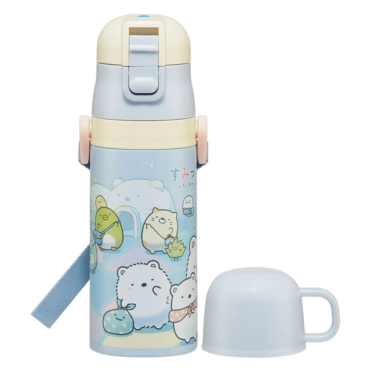 水筒 420ml 子供用2WAYボトル すみっコぐらし しろくまふるさと ( 保温 保冷 ワンタッチ 直飲み コップ飲み ダイレクトボトル ステンレスボトル 2way ワンプッシュ 軽量 子供 子供用水筒 幼稚園 保育園 肩紐付き キッズ ボトル )