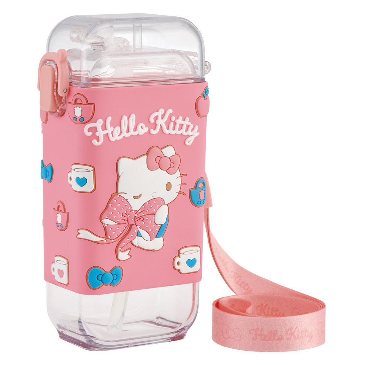 水筒 450ml スクエアストローボトルM キティビックリボン ( ハローキティ ストロー飲み ストローボトル ワンプッシュ プラスチック ストロー ボトル ストラップ付き すいとう 軽い キッズ 子供 クリア )