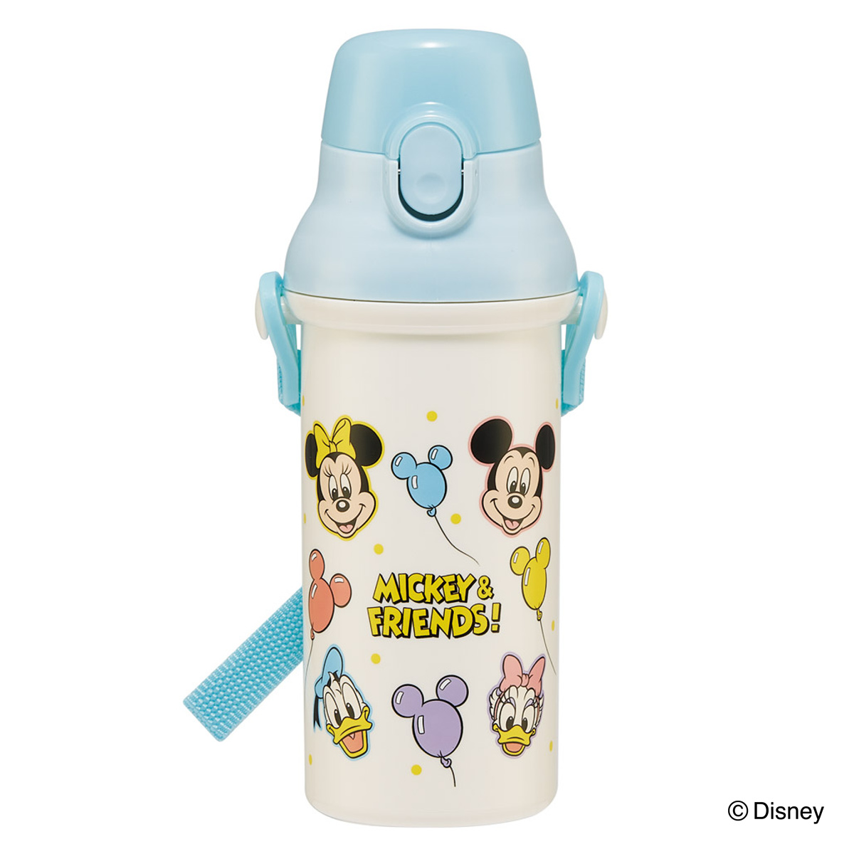 水筒 480ml 抗菌直飲プラボトル ミッキー&フレンズ風船 ( ディズニー 子供用 抗菌 プラスチック製 ダイレクトボトル 直飲み ワンタッチ 日本製 抗菌加工 AG 銀 ショルダーベルト付き 広口 軽量 ボトル ワンプッシュ )