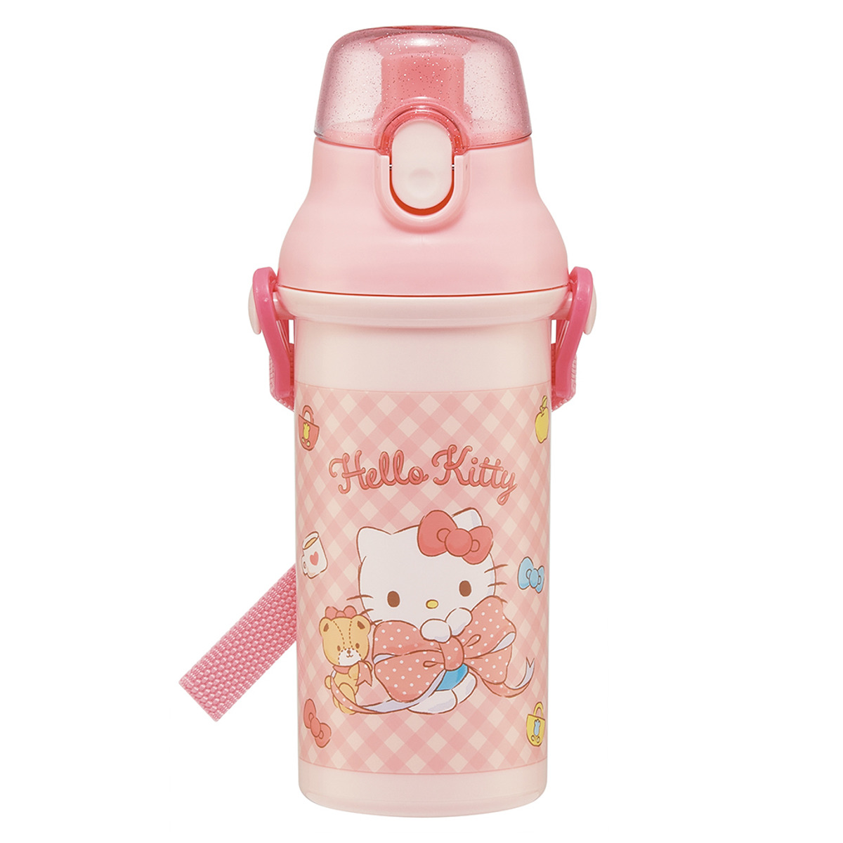 水筒 480ml 抗菌直飲プラボトル キティビックリボン ( ハローキティ 子供用 抗菌 プラスチック製 ダイレクトボトル 直飲み ワンタッチ 日本製 抗菌加工 AG 銀 ショルダーベルト付き 広口 軽量 ボトル ワンプッシュ )
