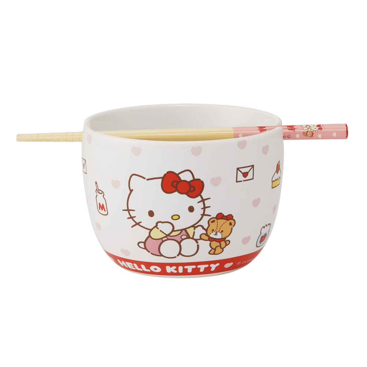 陶器製 ボウル 箸 セット サンリオ ( ハローキティ マイメロディ クロミ シナモロール 陶磁器 キャラクター 電子レンジ対応 食洗機対応 かわいい お椀 碗 お箸 はし ハシ 取り分け鉢 ラーメン スープ キャラ ) 【ハローキティ】 ハローキティ