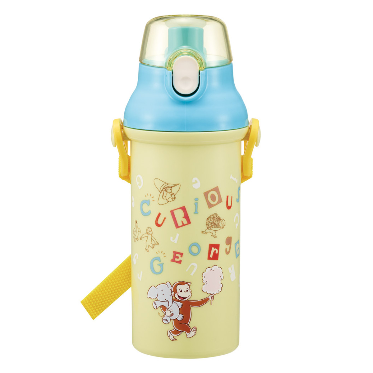 水筒 480ml 直飲プラワンタッチボトル ジョージ アルファベット ( 子供用 抗菌 プラスチック製 ダイレクトボトル 直飲み ワンタッチ 日本製 抗菌加工 ショルダーベルト付き 広口 軽量 ボトル ワンプッシュ )
