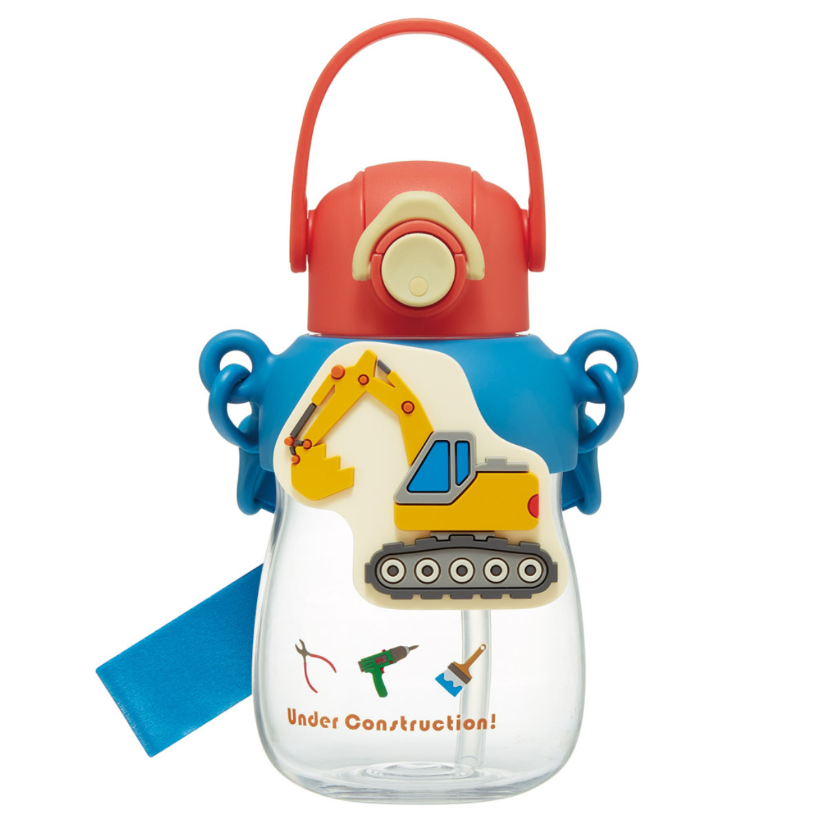 水筒 650ml ラバーマスコット付ストローボトル はたらくクルマ ( ストロー付ボトル ストローボトル クリアボトル ワンプッシュ ワンタッチ ストロータイプ 子供 子供用水筒 クリア ショルダーベルト 幼稚園 保育園 キッズ )