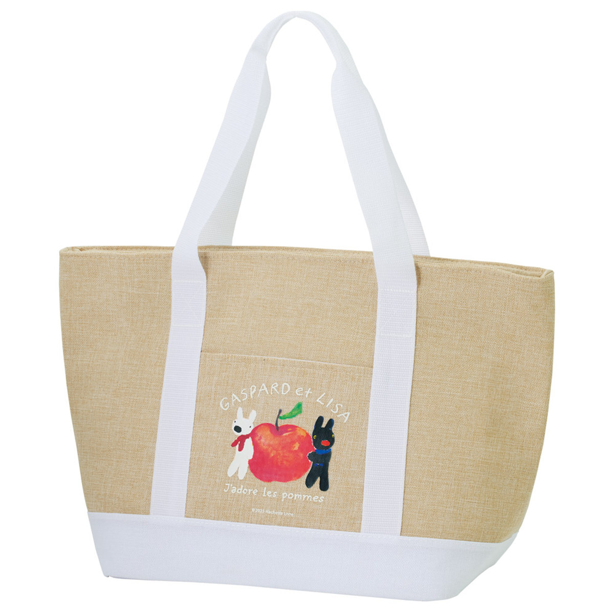 エコバッグ 麻風 トート 保冷 ショッピングバッグ リサ&ガスパール リンゴ柄 ( ランチバッグ 保温 クーラートートバッグ クーラーバッグ マチ広 ファスナー リサとガスパール レジャー 弁当袋 買い物 食料品 冷蔵 冷凍 かわいい )
