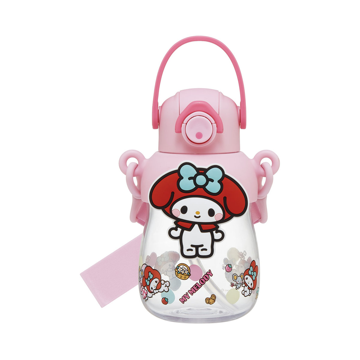 水筒 650ml ラバーマスコット付ストローボトル マイメロ 大好きな日々 ( ストロー付ボトル ストローボトル クリアボトル ワンプッシュ ワンタッチ ストロータイプ 子供 子供用水筒 クリア ショルダーベルト 幼稚園 保育園 キッズ )