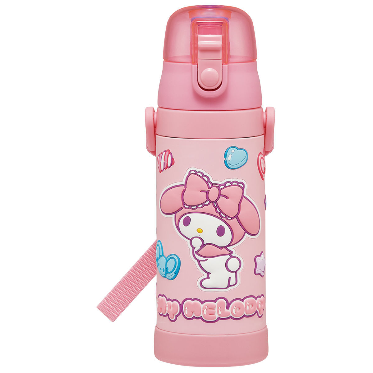 水筒 480ml 3Dロック付ダイレクトボトル マイメロディマシュグミ ( 直飲み ステンレス 3D ダイレクトボトル 保冷 子供 幼稚園 保育園 ボトル ワンプッシュボトル 子供用水筒 直のみ ワンタッチ キッズ ショルダーベルト付き )