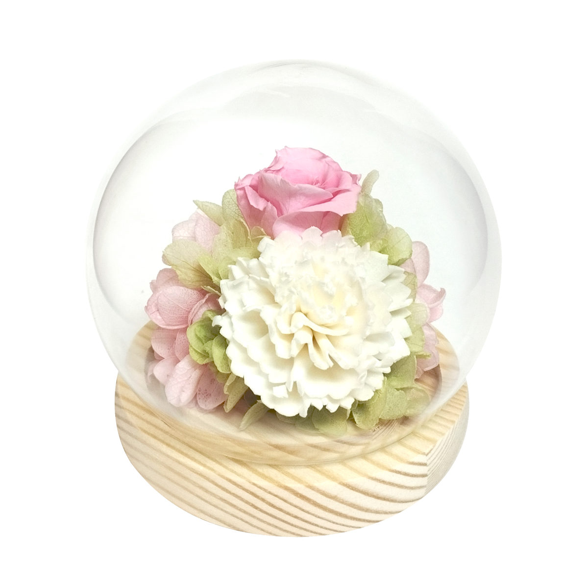 プリザーブドフラワー スフィアドームアレンジ ガラス ドーム ( 花 プレゼント フラワーギフト アレンジメント ガラスドーム 幅10cm コンパクト お花 母の日 インテリア 華やか 玄関 リビング 寝室 飾り ディスプレイ ) 【萌×ピンク】 萌×ピンク