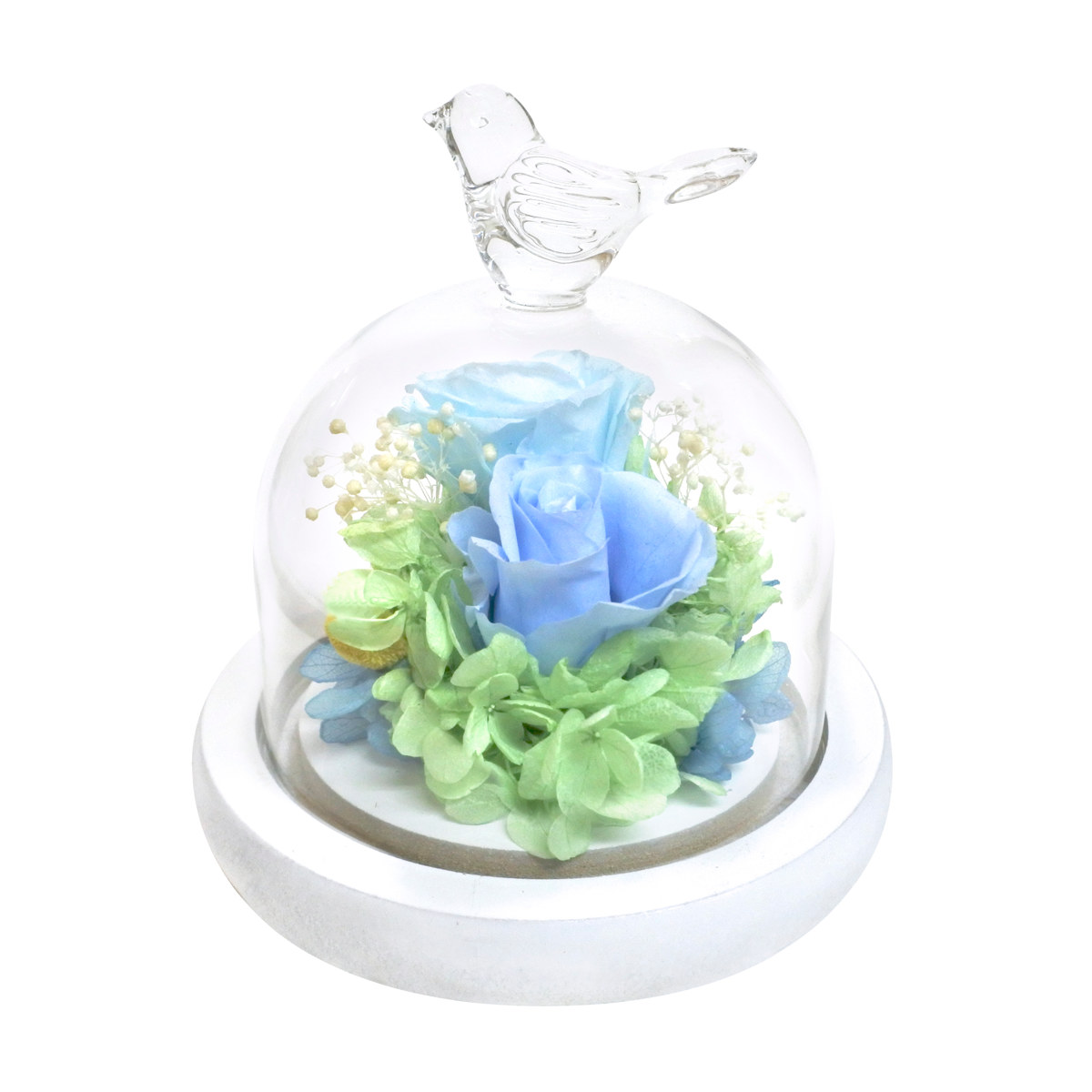 プリザーブドフラワー ガラスドームアレンジ モチーフ ガラス ドーム ( 花 プレゼント フラワーギフト アレンジメント ガラスドーム 幅11.6cm コンパクト お花 母の日 インテリア 華やか 玄関 リビング 寝室 飾り ディスプレイ ) 【ブルー】 ブルー
