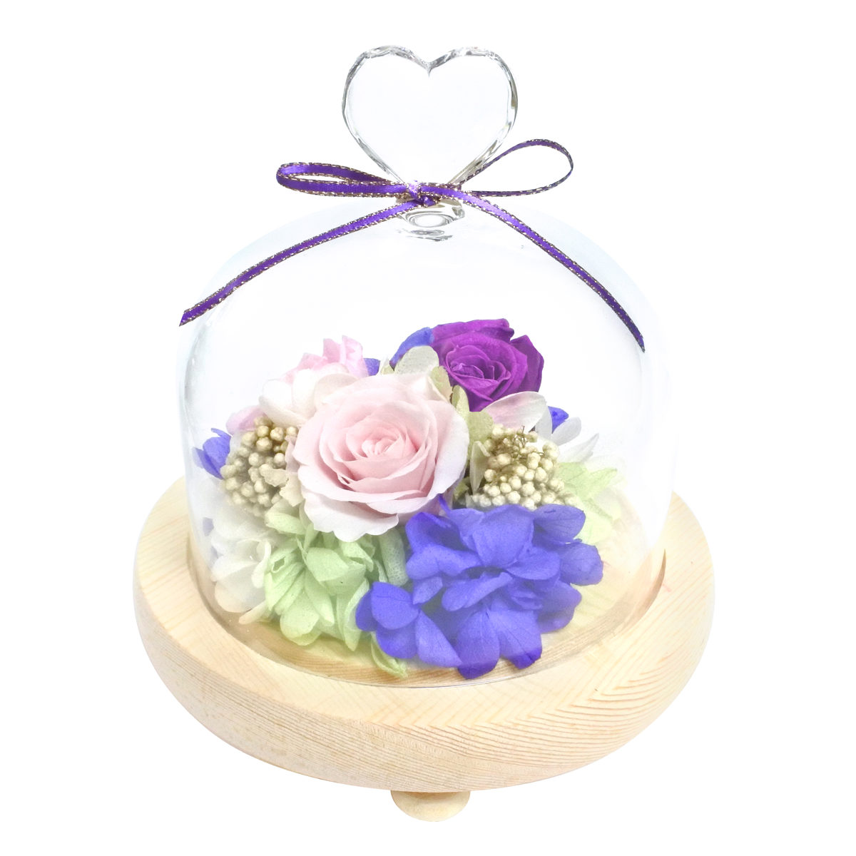 プリザーブドフラワー ガラスドームアレンジ ハート ガラス ドーム ( 花 プレゼント フラワーギフト アレンジメント ガラスドーム 幅12.8cm コンパクト お花 母の日 インテリア 華やか 玄関 リビング 寝室 飾り ディスプレイ ) 【ピンク×パープル】 ピンク×パープル