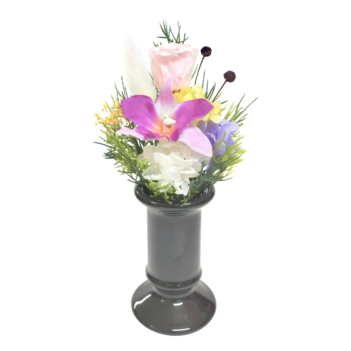 仏花 供え花 ミニ仏花 陽葵 花器付き ( プリザーブドフラワー 造花 ブリザードフラワー 枯れない 仏壇 お供え 花 フェイクフラワー CT触媒 空気清浄 消臭 供花 御供え 枯れない花 水換え不要 夏 人工 お盆 お彼岸 お墓 法要 法事 ) 【ピンク】 ピンク