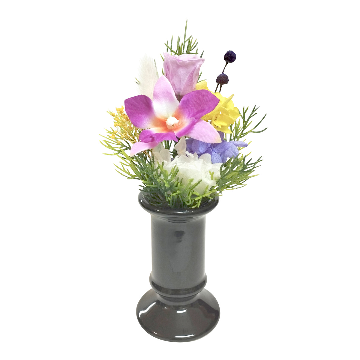 仏花 供え花 ミニ仏花 陽葵 花器付き ( プリザーブドフラワー 造花 ブリザードフラワー 枯れない 仏壇 お供え 花 フェイクフラワー CT触媒 空気清浄 消臭 供花 御供え 枯れない花 水換え不要 夏 人工 お盆 お彼岸 お墓 法要 法事 ) 【パープル】 パープル