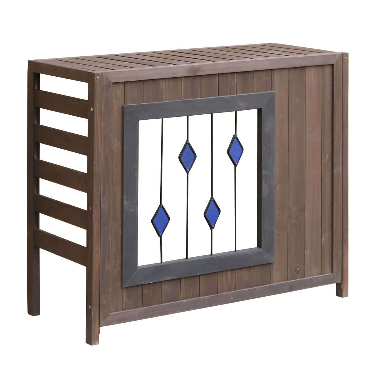 室外機カバー ステンドグラス室外機カバー glass グラス 幅93cm 標準サイズ ( エアコン室外機カバー 木製 ガラス おしゃれ 日よけ 日光対策 直射日光 目隠し 室外機ラック エアコン 室外機 庭 ベランダ 省エネ 節電 簡単組立 軽い ) 【ブラウン】 ブラウン