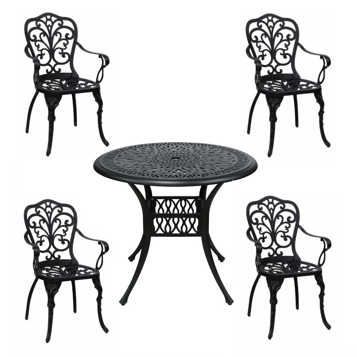 テーブル&チェア アルミ製ラウンドテーブル&チェア トルペ 5点セット ( テーブル ガーデンチェア ガーデン 庭 机 丸 ラウンド 椅子 カフェテーブル ガーデンテーブル チェア カフェ バルコニー パラソル パラソル用ホール 穴 )