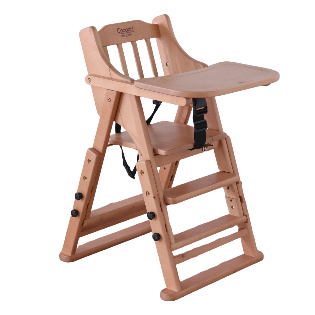 ベビーチェア 折りたたみ ベルト付 座面3段階調整 ( ハイチェア テーブル付き ベビー チェア 椅子 高さ調節 3段階 木製 天然木 完成品 ダイニング 水性塗料仕上げ 子ども 子供 赤ちゃん 座面幅 広め 大人まで使える いす イス ) 【ライトブラウン】 ライトブラウン