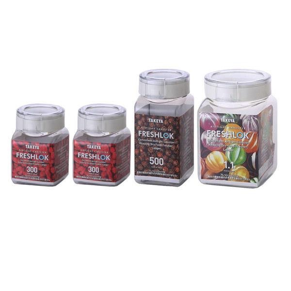 保存容器 フレッシュロック 角型 計量スプーン付 6点セット ( 白パッキン 緑パッキン キャニスター FRESHLOK プラスチック保存容器 食品 保存 密閉 調味料入れ 角型容器 1.1L 0.5L 500ml 300ml 小さじスプーン ) 【ホワイト】 ホワイト