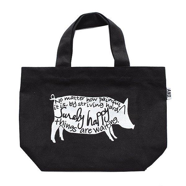 Dショッピング ランチバッグ ミニトートバッグ アンドパッカブル ロゴ コットン ミニトート トートバッグ ミニ サブバッグ 布 小さめ マチ付き かばん お弁当入れ 手提げ おしゃれ イエロー ホワイト グレー ブラック ペンギン バナナ ピッグブラック