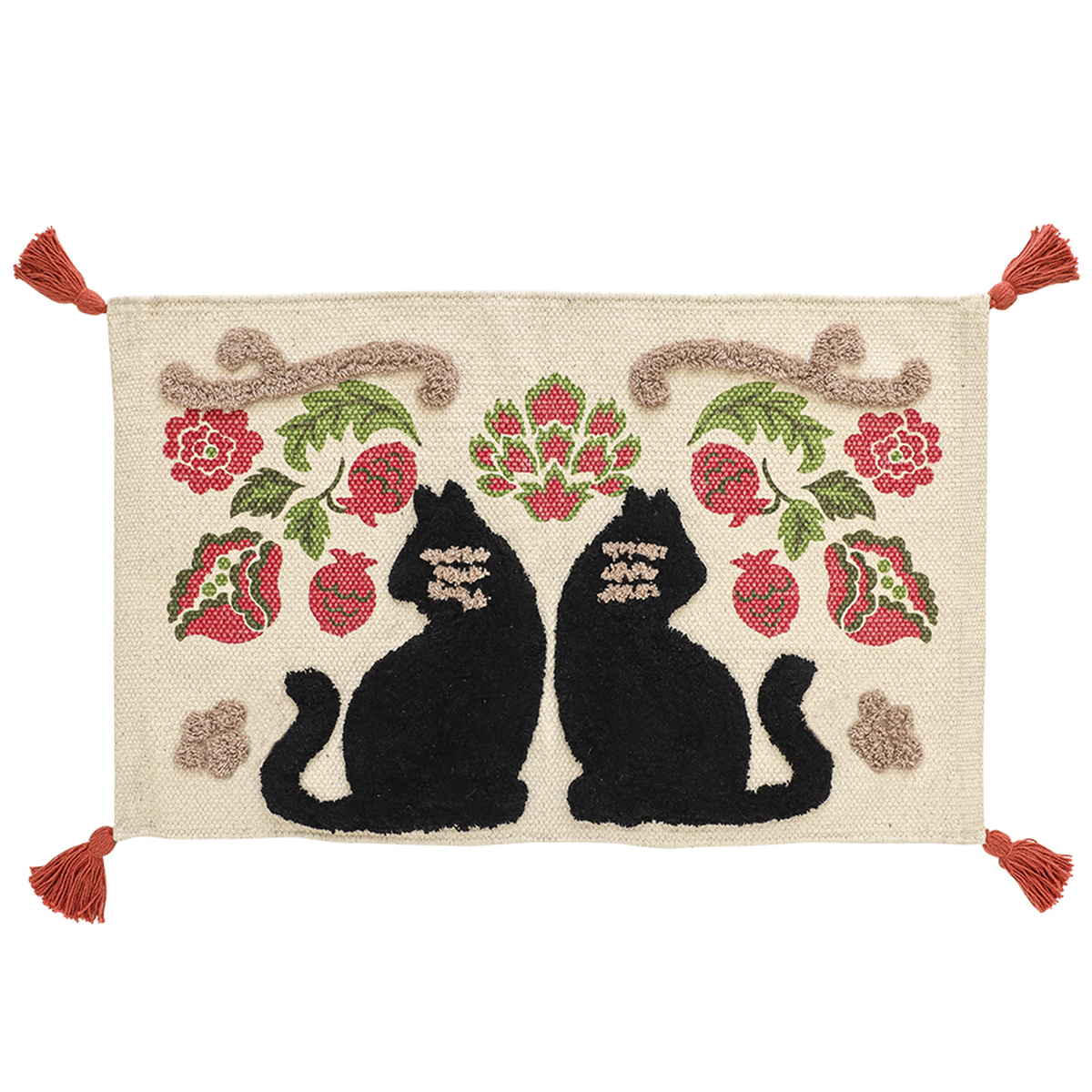 玄関マット プリント&タフトマット 40×60 屋内 ( 室内 猫 玄関 マット 花柄 ドアマット 綿 フリンジ付き 幅60cm タフティング アラベスク柄 ウェルカムマット おしゃれ インテリア ) 【ニャーベスク】 ニャーベスク