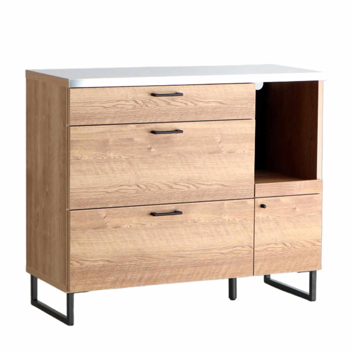 キッチンカウンター 幅104.7cm ステンレス 天板 木目調 日本製 完成品 ( スライド棚 家電収納 キッチン収納 引き出し 3段 脚付き フルスライドレール 木目 炊飯器 電気ポット 引出 ステンレス天板 作業台 コード穴 )