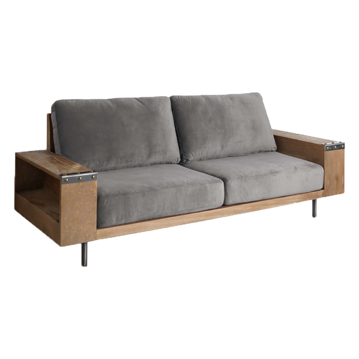 ソファ 幅198cm 2.5人掛け ジーク ラック付き ( リビングソファ 木製フレーム ソファー 完成品 木製 天然木 ヴィンテージ調 肘掛け サイド収納 棚付き ファブリック スチール脚 耐荷重100kg 丈夫 sofa ) 【ライトグレー】 ライトグレー