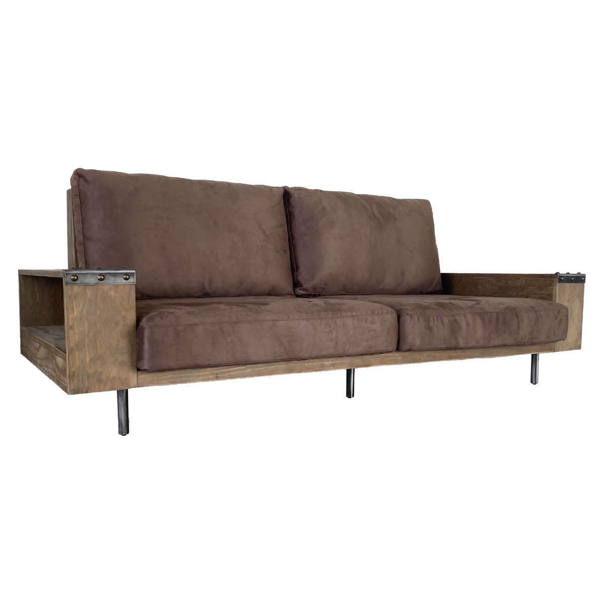 ソファ 幅230cm 3人掛け ジーク ラック付き ( リビングソファ 木製フレーム ソファー 完成品 木製 天然木 ヴィンテージ調 肘掛け サイド収納 棚付き ファブリック スチール脚 耐荷重100kg 丈夫 sofa ) 【ブラウン】 ブラウン