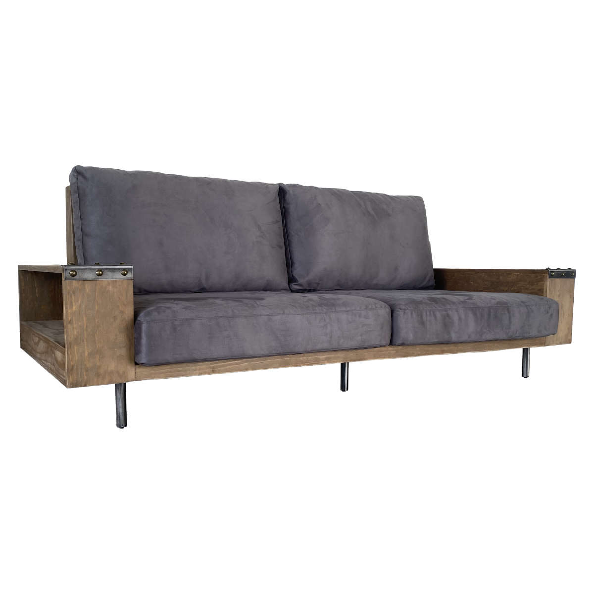 ソファ 幅230cm 3人掛け ジーク ラック付き ( リビングソファ 木製フレーム ソファー 完成品 木製 天然木 ヴィンテージ調 肘掛け サイド収納 棚付き ファブリック スチール脚 耐荷重100kg 丈夫 sofa ) 【ライトグレー】 ライトグレー