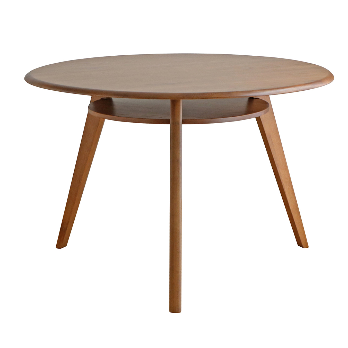 ダイニングテーブル直径110cm 円形 木製 リガラ 3本脚 ( テーブル 食卓テーブル 丸 机 円型 3人 ダイニング 食卓 天然木 オーク 木製テーブル 棚付き 棚板 収納 ウッドテーブル 丸テーブル 円卓 )