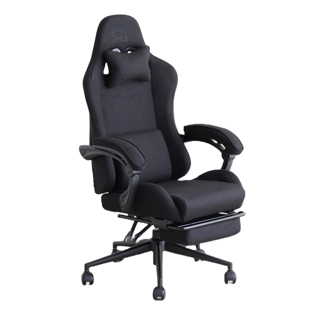 ゲーミングチェア 座面高47.5~53cm フットレスト付き SeAGA ( チェア ゲーム 椅子 リクライニング 170度 デスクチェア 肘置き 極厚座面 疲れにくい ネッククッション付き ランバーサポート 高さ調整 レザー調 ファブリック ) 【ブラック】 ブラック
